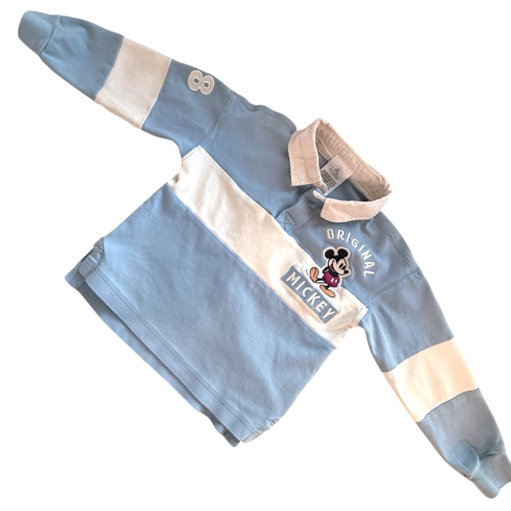 Disney Original Mickey Mouse Rugby Shirt Blue Cream Size XS 110 - Picture 2 of 9